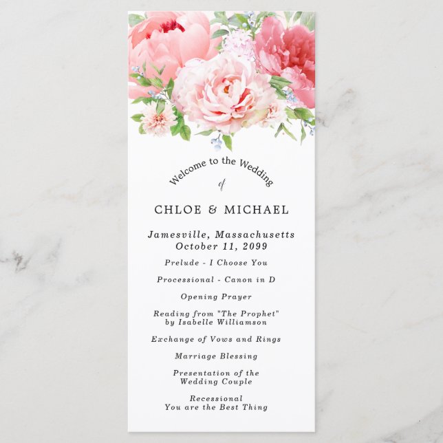 Blush Pink Peony Floral DIY Wedding Programme (Front)