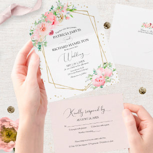 Blush Pink Peony Floral Geometric Wedding All In One Invitation