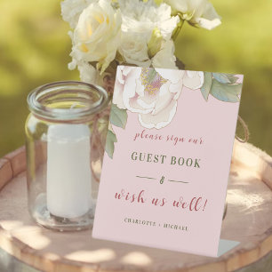 Blush Pink Peony Floral Wedding Guestbook Pedesta Pedestal Sign