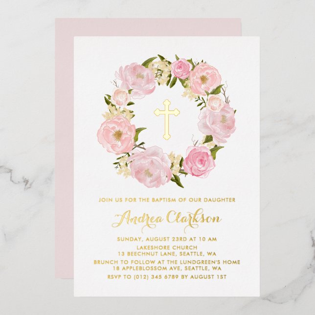 Blush Pink Peony Floral Wreath Baby Girl Baptism (Front/Back)