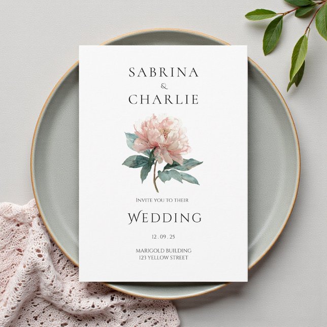 Blush Pink Peony Flower Elegant Botanical Wedding Invitation (Blush Pink Peony Flower Elegant Botanical Wedding Invitation)