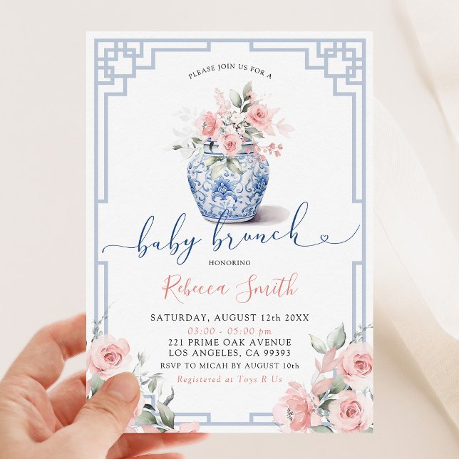 Blush Pink Peony Flowers Chinoiserie Baby Brunch Invitation (Creator Uploaded)