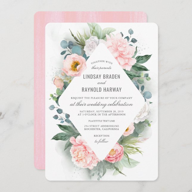 Blush Pink Peony Frame Floral Watercolor Wedding Invitation (Front/Back)