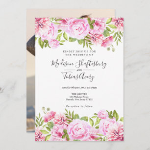 Blush Pink Peony Greenery Floral Photo Wedding Invitation