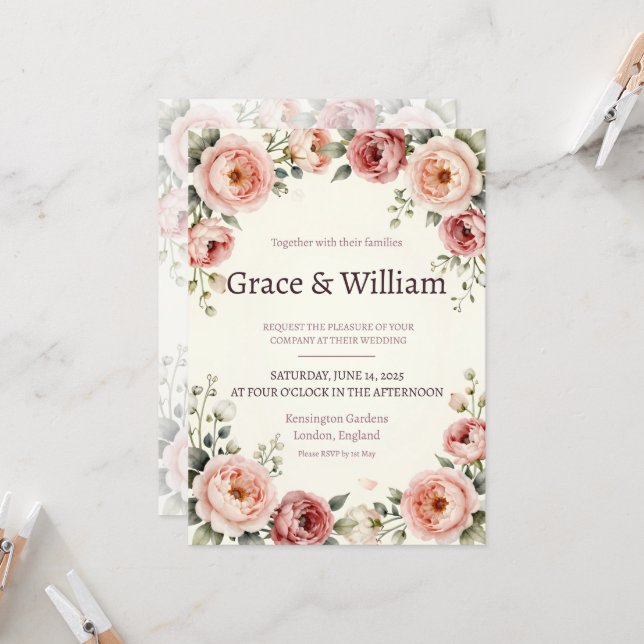 Blush Pink Peony Roses Personalized Romantic Weddi Invitation (Front/Back In Situ)
