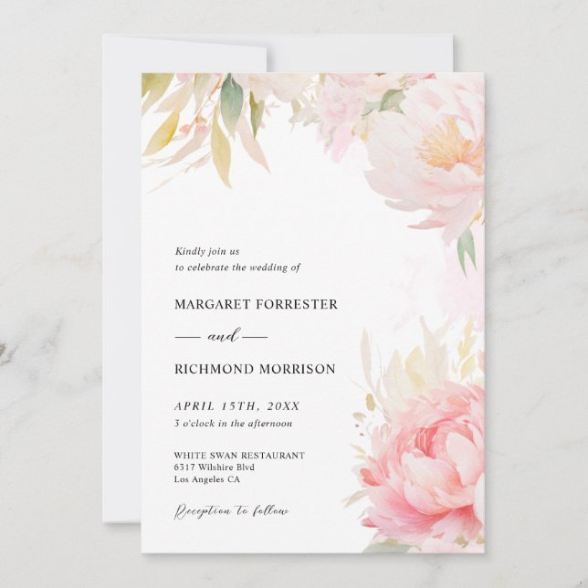 Blush Pink Peony Sage Green Floral Spring Wedding Invitation (Front)
