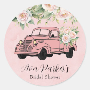 Blush Pink Peony Vintage Truck Bridal Shower Classic Round Sticker