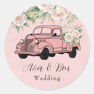 Blush Pink Peony Vintage Truck Wedding Classic Round Sticker