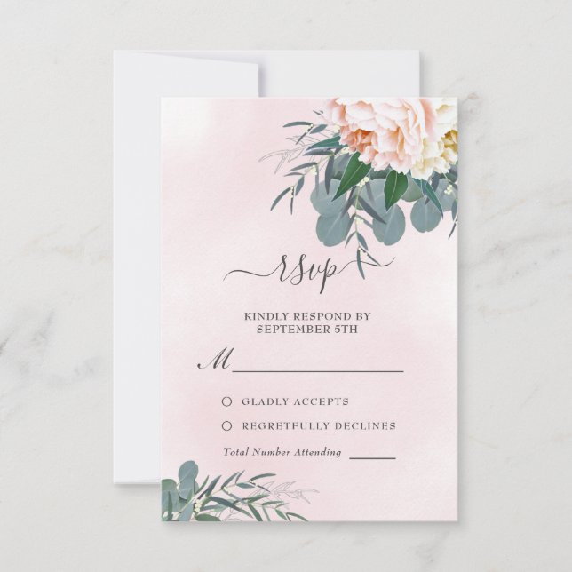 Blush Pink Peony Watercolor Eucalyptus Wedding RSVP Card (Front)