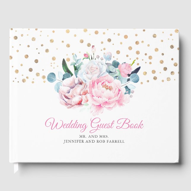 Blush Pink Peony Watercolor Floral Wedding Guest Book (Front)