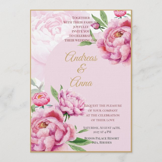 Blush Pink Peony Watercolor Wedding Invitation (Front)