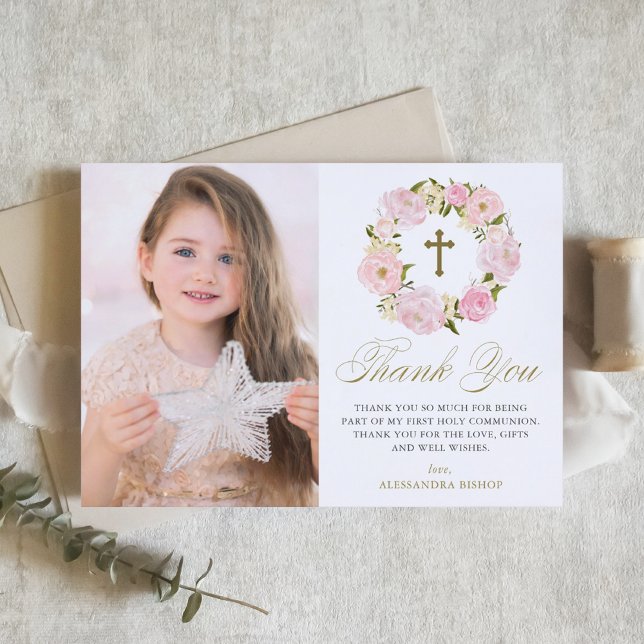 Blush Pink Peony Wreath First Holy Communion Thank You Card (Creator Uploaded)