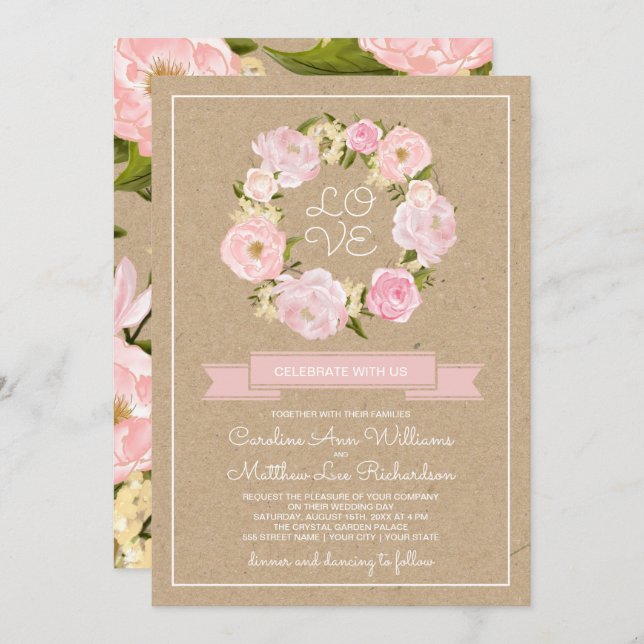 Blush Pink Peony Wreath Kraft Paper Wedding Invitation (Front/Back)