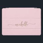 Blush Pink Personalised Monogram Name Gold Script iPad Pro Cover<br><div class="desc">Girly Blush Pink Simple Minimal Gold Monogram Name Script Custom Personalised iPad Cover. These design featuring your first name in a pretty hand lettered style swash tail font typography (or calligraphy) in gold colour on light baby pink or blush pink colour background. So easy to customise. Great stylish feminine gift...</div>