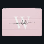 Blush Pink Personalised Monogram Name Script iPad Pro Cover<br><div class="desc">Girly Elegant Blush Pink Simple Minimal Monogram Initial Name Script Custom Personalised iPad Cover. These design featuring your first name in a pretty hand lettered style swash tail font typography (or calligraphy) with monogram initial in white and black on blush pink colour background. These are easy to customise. Great stylish...</div>