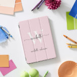 Blush Pink Personalised Monogram Name Script iPad Pro Cover<br><div class="desc">Girly Elegant Blush Pink Simple Minimal Monogram Initial Name Script Custom Personalised iPad Cover. These design featuring your first name in a pretty hand lettered style swash tail font typography (or calligraphy) with monogram initial in white and black on blush pink colour background. These are easy to customise. Great stylish...</div>