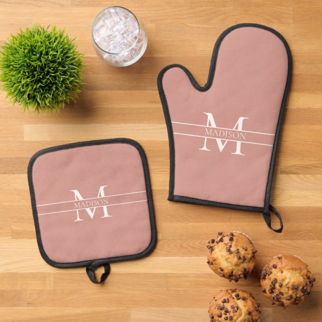 Blush Pink Personalised Monogrammed Custom Name  Oven Mitt & Pot Holder Set (Top Down)