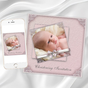 Blush Pink Photo Christening  Invitation