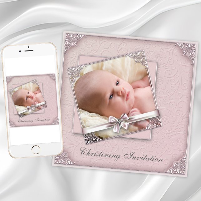 Blush Pink Photo Christening  Invitation (Blush pink christening invitation. Add photo and text. Download and printed invitations available.)
