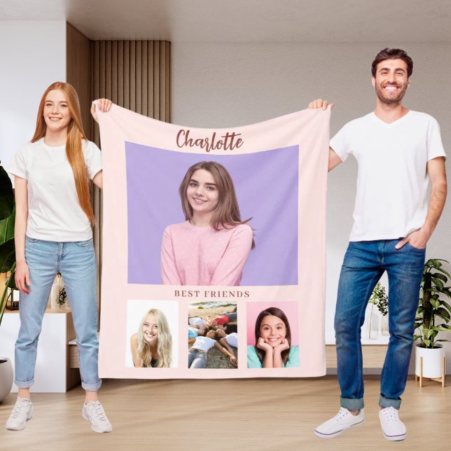 Blush pink photo collage girl friends fleece blanket (Creator Uploaded)