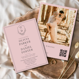 Blush Pink Photo Elegant QR Code Crest Wedding Invitation