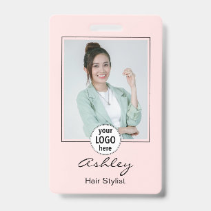 Blush Pink Photo Logo Name Hair Stylist  ID Badge