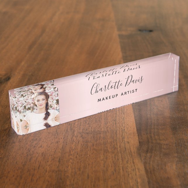 Blush pink photo monogram modern signature nameplate (Side)