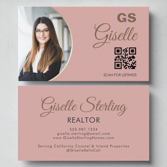 Blush Pink Photo Monogram Realtor QR Code  Business Card (Creator Uploaded)
