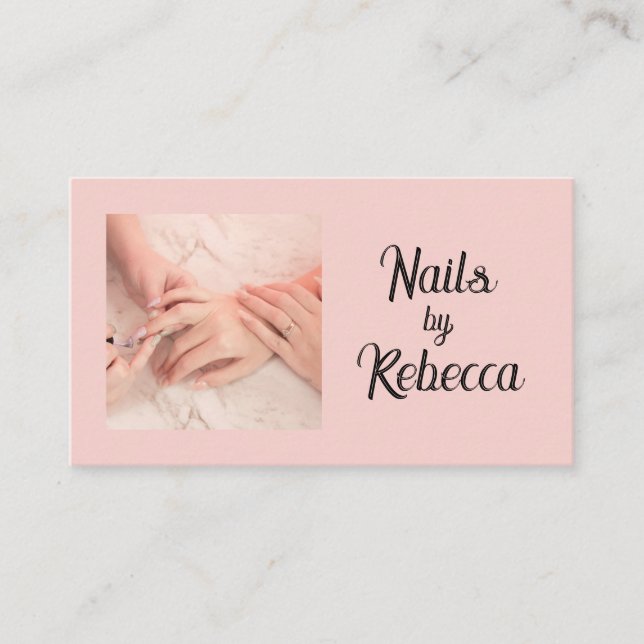 Blush Pink Photo Nail Technician | Black Script Business Card (Front)