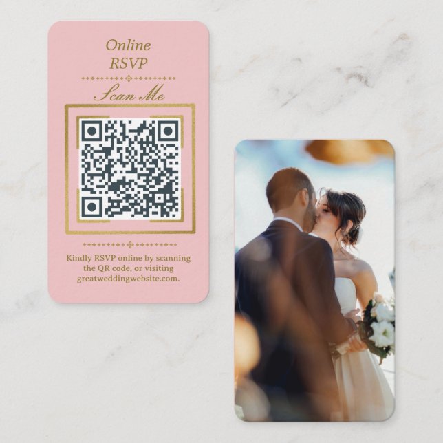 Blush Pink | Photo Online RSVP QR Code Wedding  Enclosure Card (Front/Back)
