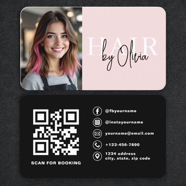 Blush Pink Photo QR Code Hair Stylist Business Card (Creator Uploaded)