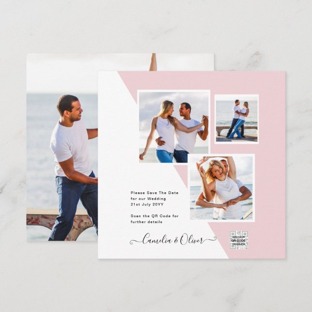 Blush PINK Photo Wedding Invite QR Code Save Date (Front/Back)