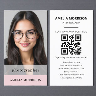Blush Pink Photographer QR Code Photo Modern Business Card