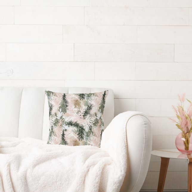 Blush Pink Pine Green Christmas Trees Cushion (Couch)