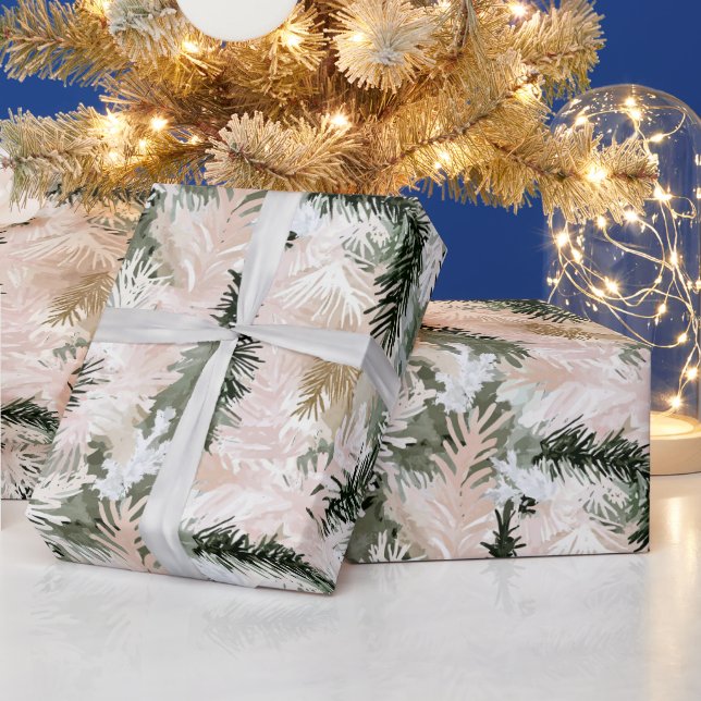 Blush Pink Pine Green Christmas Trees Wrapping Paper (Holidays)