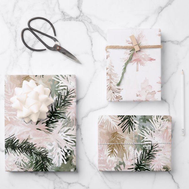 Blush Pink Pine Green Christmas Trees Wrapping Paper Sheet (Front)