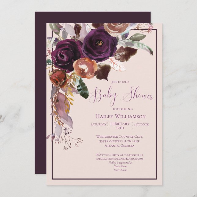 Blush Pink, Plum and Gold Baby Shower Invitation (Front/Back)