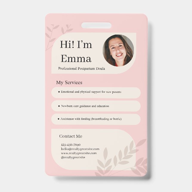 Blush Pink Postpartum Doula Professional Design ID Badge (Front)