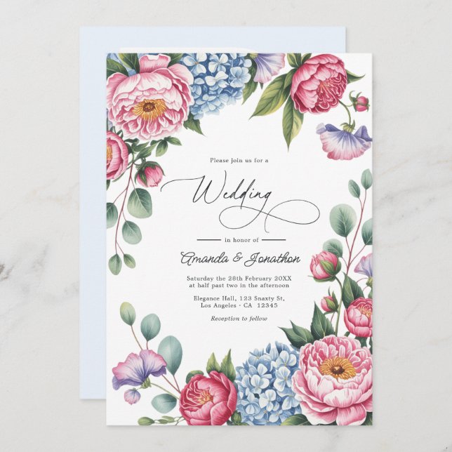Blush Pink, Powder Blue & Lavender Floral Wedding Invitation (Front/Back)