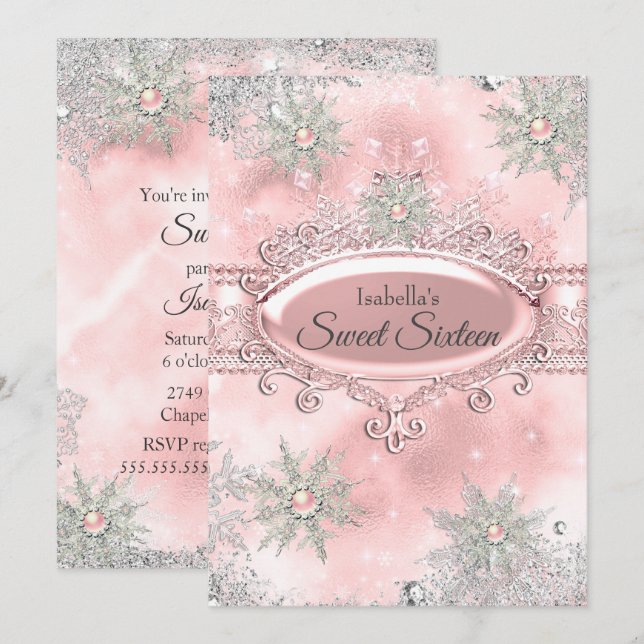 Blush Pink Princess Winter Wonderland Sweet 16 Invitation (Front/Back)