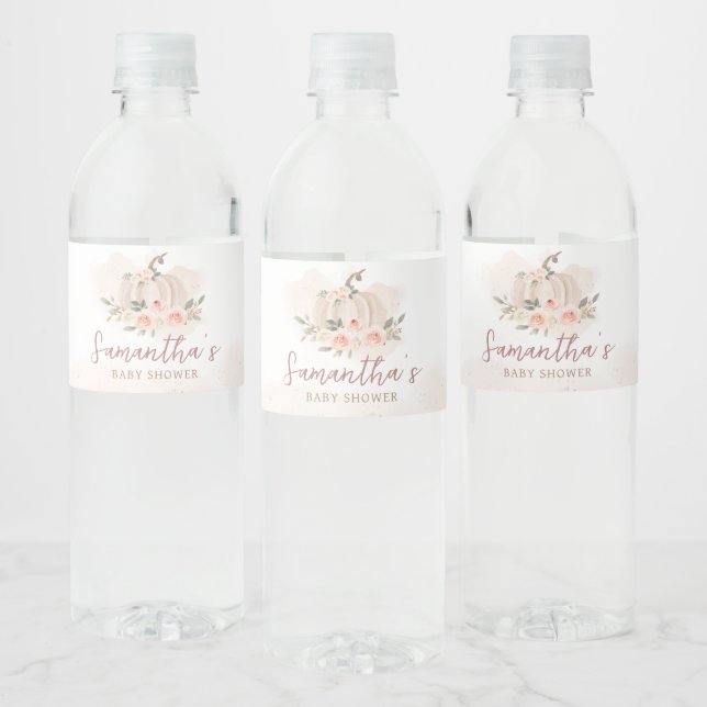 Blush Pink Pumpkin Baby Shower Water Bottle Label (Bottles)