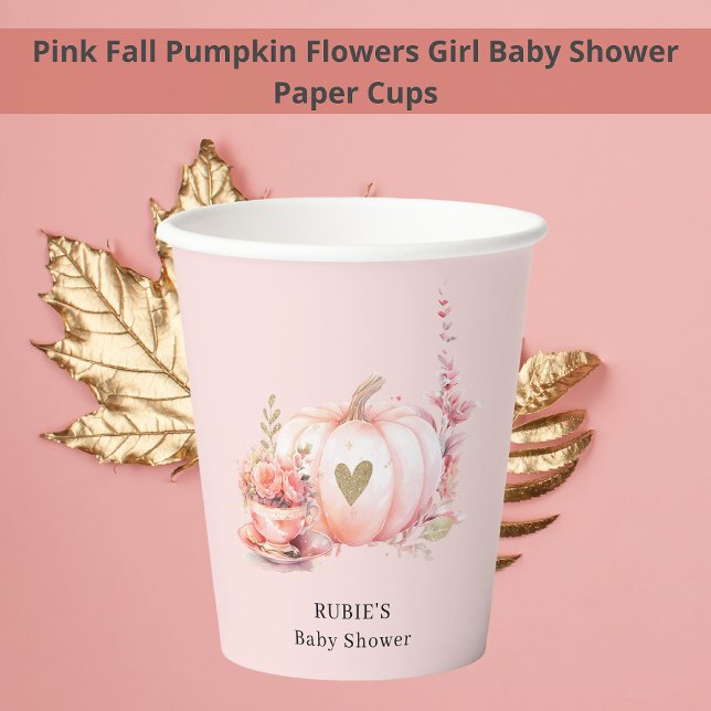 Blush Pink Pumpkin Floral Gold Heart Baby Shower Paper Cups (Creator Uploaded)
