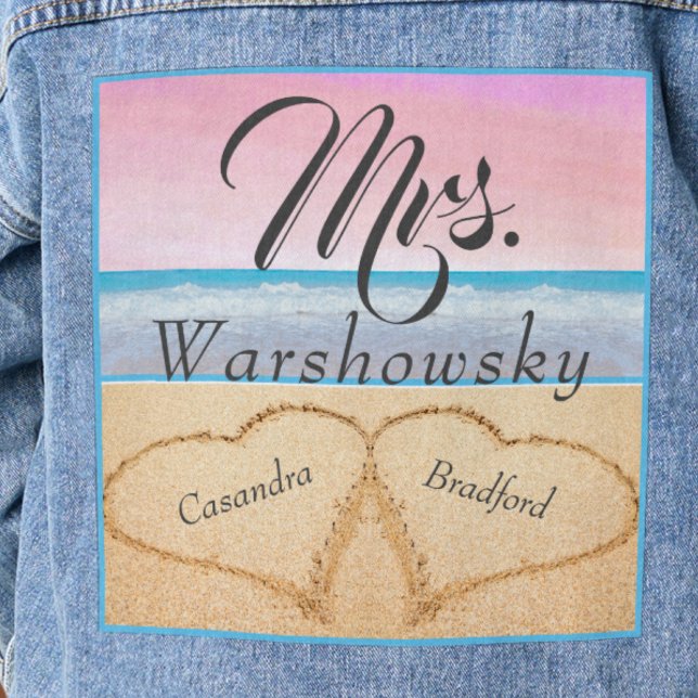 Blush Pink Purple  Beach Wedding 2 Hearts in Sand Denim Jacket (Creator Uploaded)