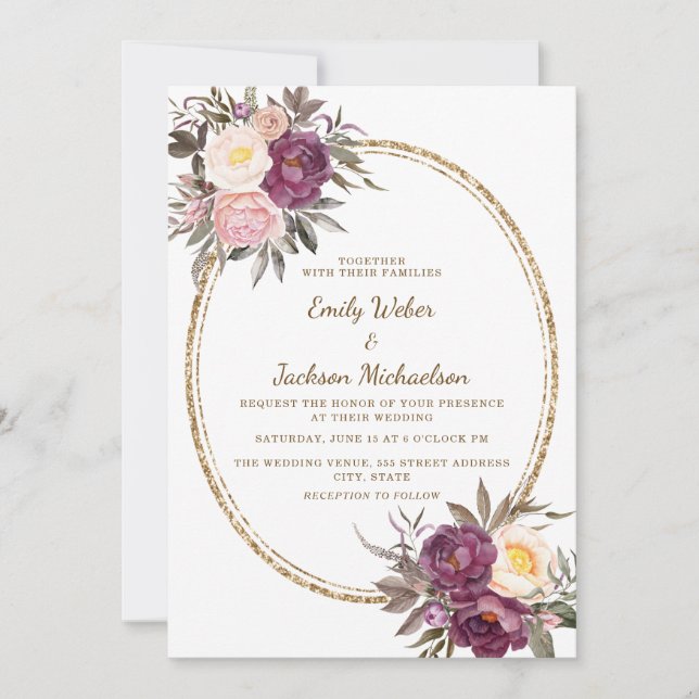 Blush Pink Purple Cream Floral Gold Wedding Invitation (Front)