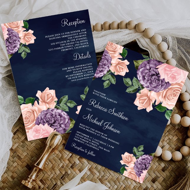 Blush Pink Purple Floral All in One Navy Wedding Invitation (Creator Uploaded)
