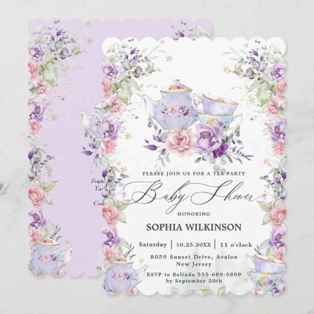 Blush Pink Purple Floral Baby Shower Tea Party Invitation (Front/Back)