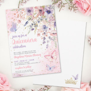 Blush Pink Purple Floral Butterfly Quinceanera Invitation