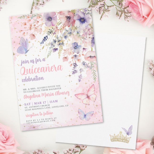 Blush Pink Purple Floral Butterfly Quinceanera Invitation (Blush Pink Purple Floral Butterfly Quinceanera Invitation)