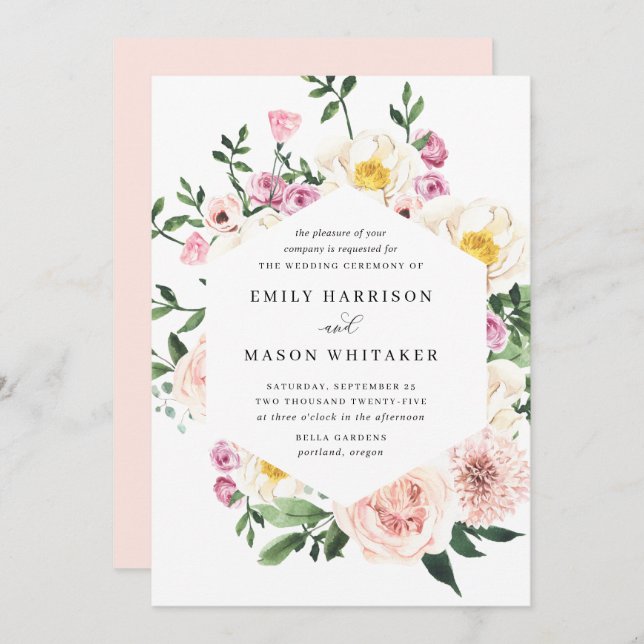 Blush Pink & Purple Floral Eucalyptus Wedding Invitation (Front/Back)