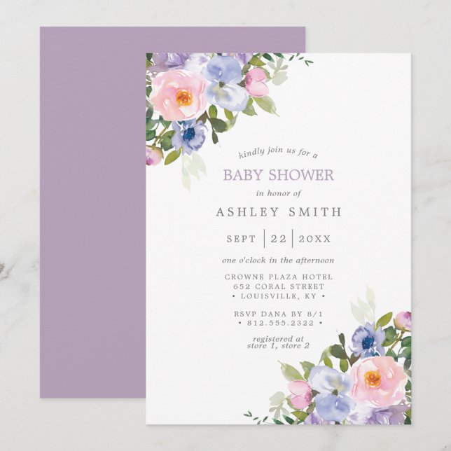 Blush Pink Purple Floral Watercolor Baby Shower Invitation (Front/Back)